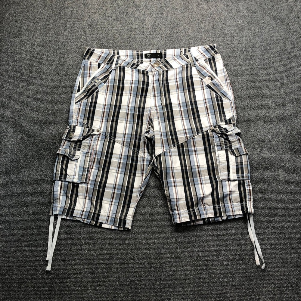 Fried Denim Mens Plaid Cargo Shorts Blue White Black Size 36 Cotton Drawstring